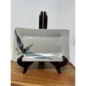 Handmade Ceramic Rectangular Dish Blue Leaf Design Signed‎ Olan